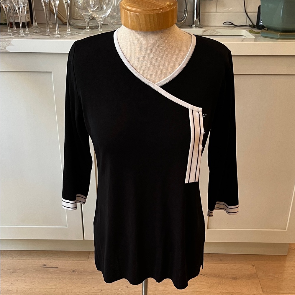 Misook Black with White stripe detail offset neckline and knotted button sweater